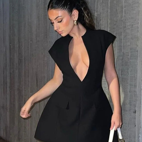 Load image into Gallery viewer, Black Sleeveless Sexy Mini Dress For Women Fashion Zipper Deep V Neck Two Pocket A-line Night Club Party Dress Elegant
