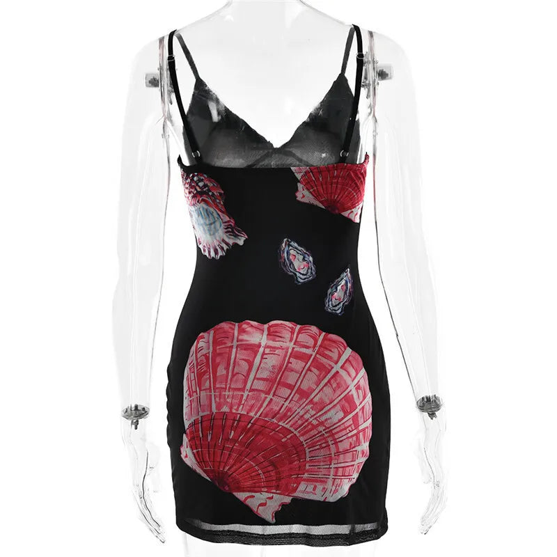 Spaghetti Strap Floral Print Mini Dress For Women Robe Summer New V Neck Sleeveless Backless Print Beach Holiday Dress