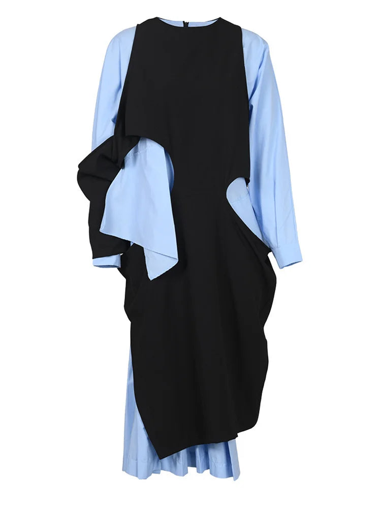 Women Blue Color-block Big Size Long Dress New Round Neck Long Sleeve Loose Fit Fashion Tide Spring Autumn 2025 1DH5325