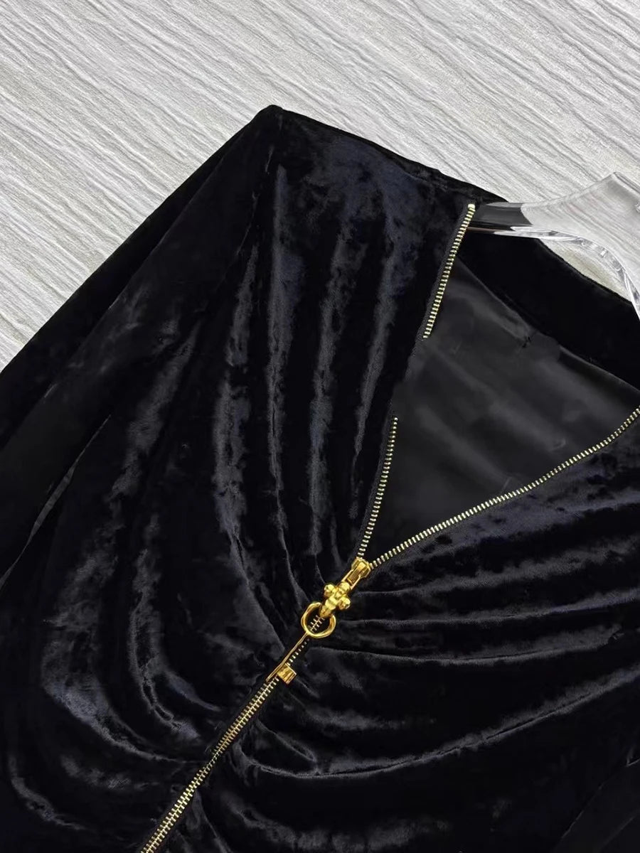 Slimming Spliced Folds Temperament Dresses for Women V Neck Long Sleeves Patchwork Zipper Fashion Dress Female New