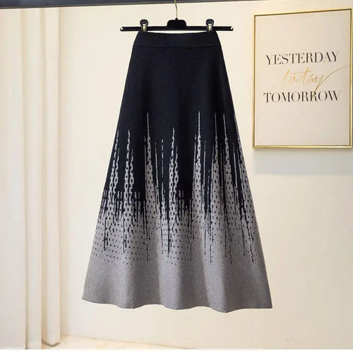 Load image into Gallery viewer, Korean Vintage 2024 Autumn Winter New Elegant Print Crochet Knit Long Skirt Women Casual Thick High Waist Pack Hip A-line Skirts
