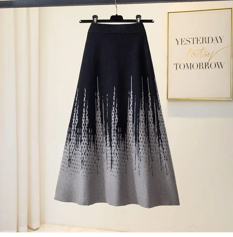 Korean Vintage 2024 Autumn Winter New Elegant Print Crochet Knit Long Skirt Women Casual Thick High Waist Pack Hip A-line Skirts