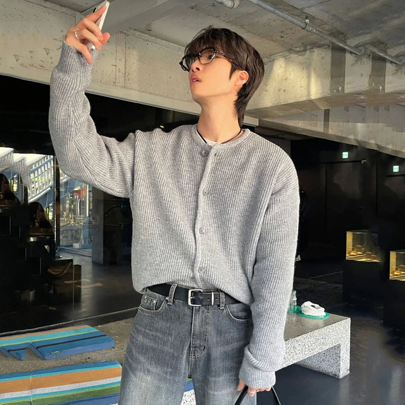 Round Collar Men's Sweaters Knitting Korean Style Single Breasted Solid Color Loose Male New Spring Cardigan Fashion 9W1195