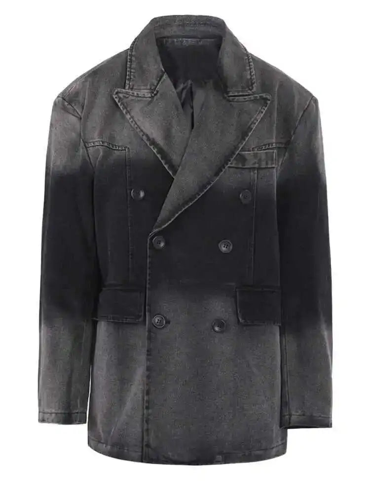 Gray Big Size Denim Jacket Wide Leg Pants Two Piece Suit New Lapel Long Sleeve Women Fashion Spring Autumn 2025 CPG0798