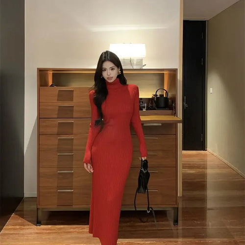 Load image into Gallery viewer, New Solid High Collar Long Sleeve Festival Knitted Dress Autumn Winter French Fashion Slim Long Sleeves Elegant Wrap Hip Dresses
