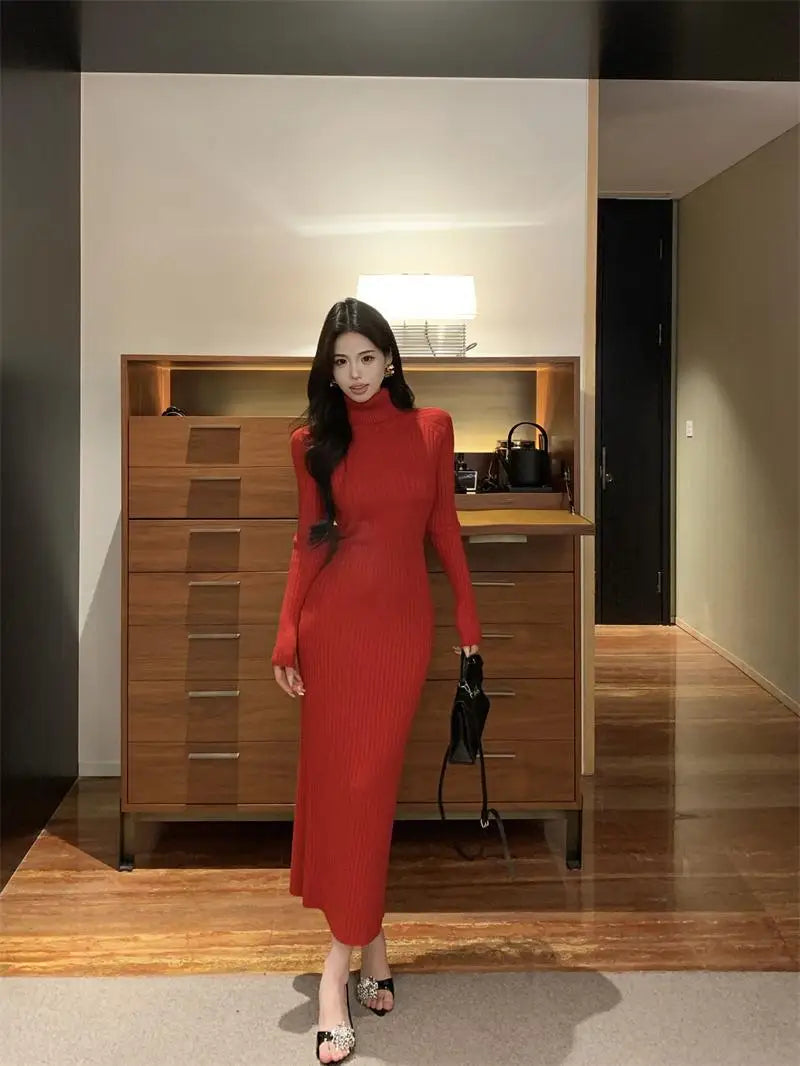 New Solid High Collar Long Sleeve Festival Knitted Dress Autumn Winter French Fashion Slim Long Sleeves Elegant Wrap Hip Dresses