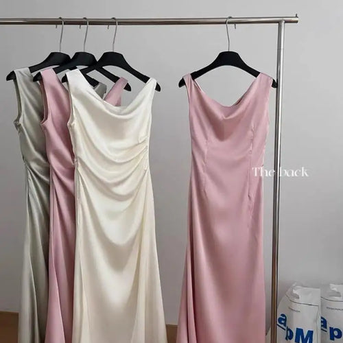 Load image into Gallery viewer, Summer White Pink Elegant Office Pleated Long Dresses Women Fashion Green Sleeveless Swinging Neck Slim Vest Dress Vestidos
