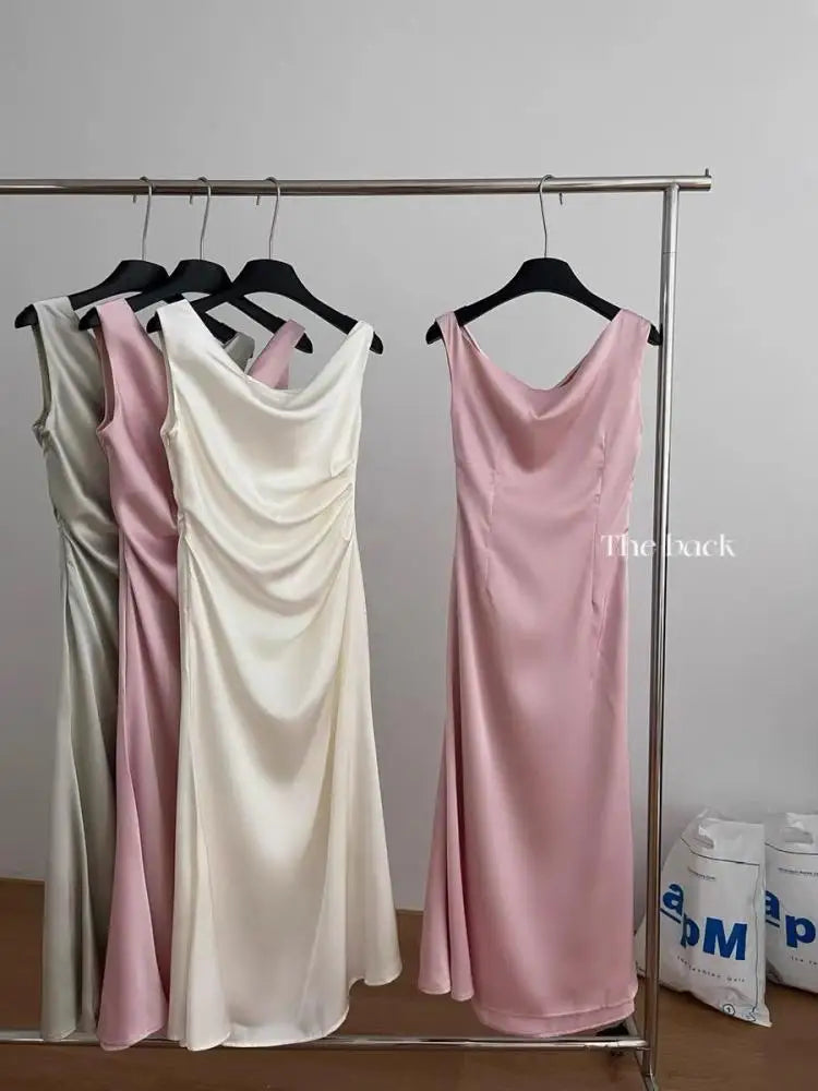 Summer White Pink Elegant Office Pleated Long Dresses Women Fashion Green Sleeveless Swinging Neck Slim Vest Dress Vestidos