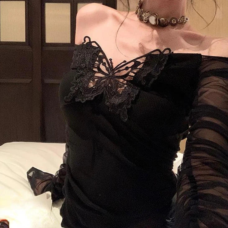 Y2k Aesthetic Patchwor Butterfly Women T-Shirt Vintage Harajuku Slim Fit Tshirts Knitted Long Sleeve Grunge Streetwear Crop Top