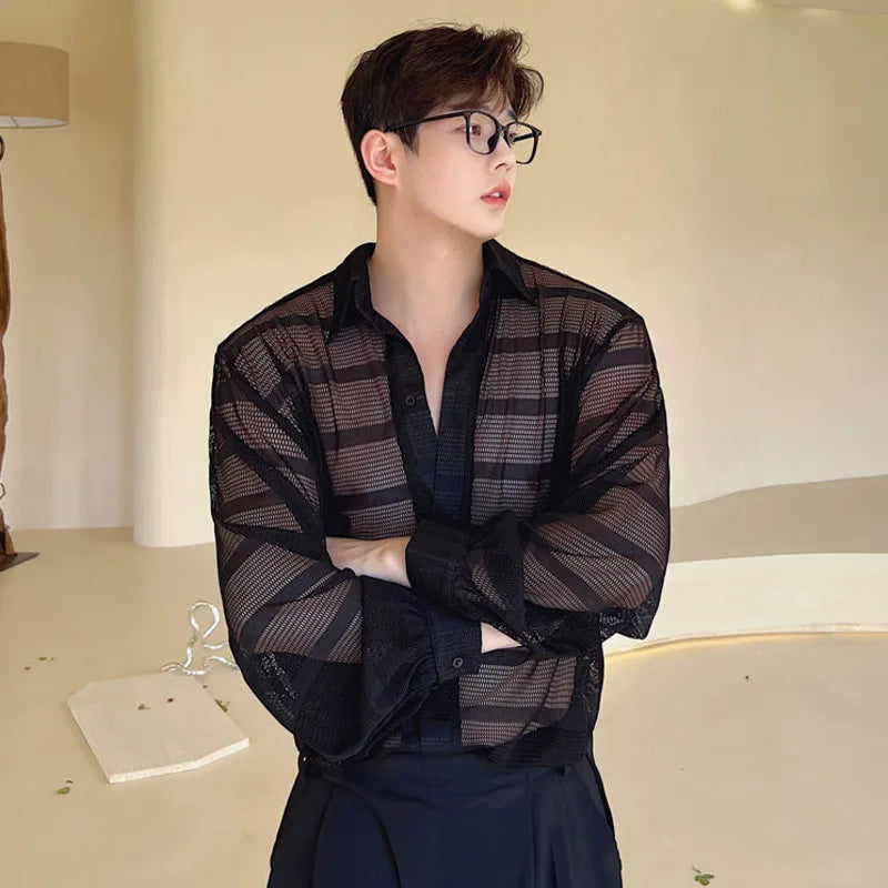 Summer Male Long Sleeve Shirts Trend Fashionable Niche Hollow Design Single Breasted Sunscreen Solid Color Shirt 9W1544