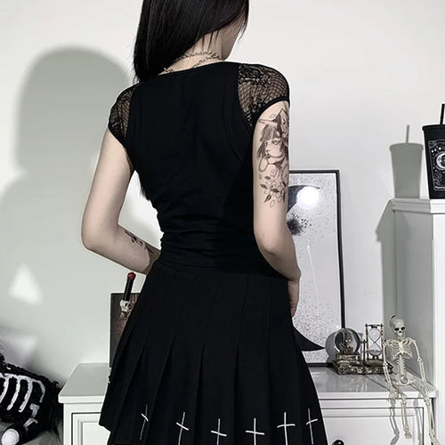 Load image into Gallery viewer, Vintage Tops Goth T-shirt Women Bodycon Bandage Lace Black T-shirts Gothic Streetwear Sexy Female Top Casual Mesh Tee
