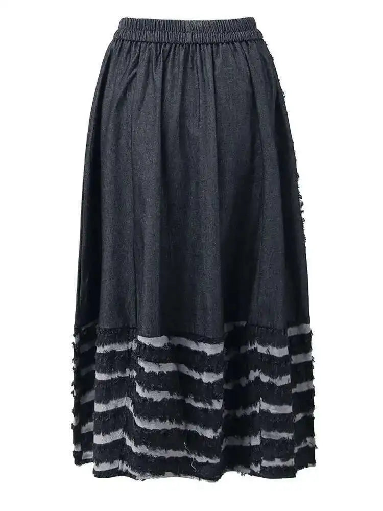 High Elastic Waist Black Burr Striped Irregular A-line Half-body Skirt Women Fashion Tide New Spring Autumn 2025 1DH5351