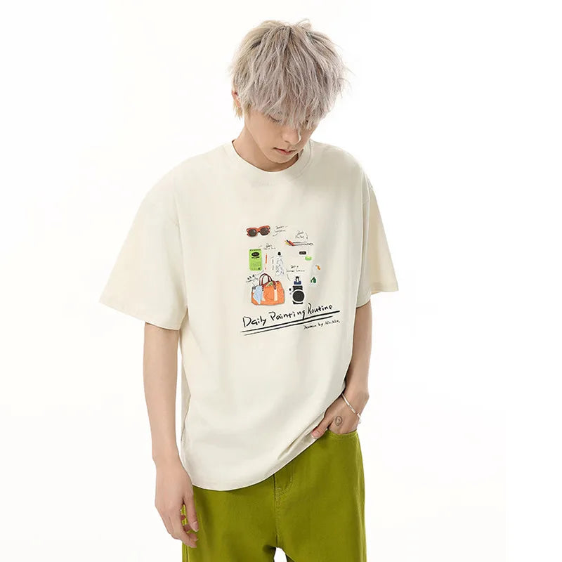 Men's T-shirts New Cartoon Printing Korean Style Short Sleeve Tees Solid Color Summer Round Neck Pullover Menswear 9W1847