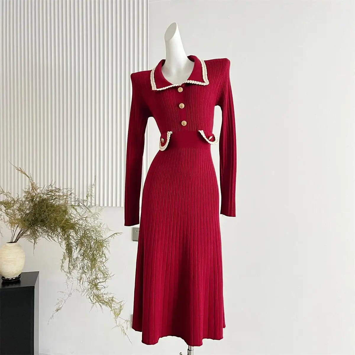 Korean Fashion Women's Autumn Winter Solid Single Breasted Elegant Slim Knitted Sweater Dress New Long Sleeved Temperament Dress