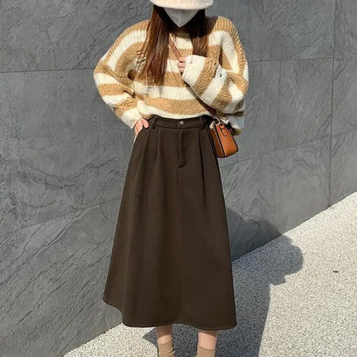 Load image into Gallery viewer, Autumn Winter Black Oversized Woolen Long Skirt Women Korean Fashion Ladies Brown High Waist Pleated Skirt Casual Streetwear new
