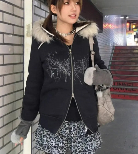 Y2k Tops Zip Up Hoodie Women's Clothing Hooded Fur Collar Hoodies Jacket for Women Thicked Vintage Zipper Print Sweatshirts Coat