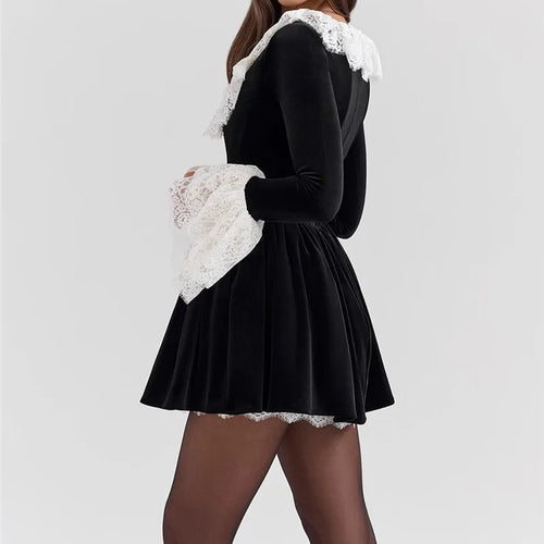 Load image into Gallery viewer, Lace Flare Long Sleeve Sexy Mini Dress Women Black Fashion Square Collar High Waist Pleated Club Party Dress Elegant
