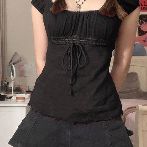 Load image into Gallery viewer, 2000s Aesthetic Sweet Lace Tops Women Off Shoulder Drawstring T-shirt Korean Fashion Female Tee Fairy Grunge Streetwear
