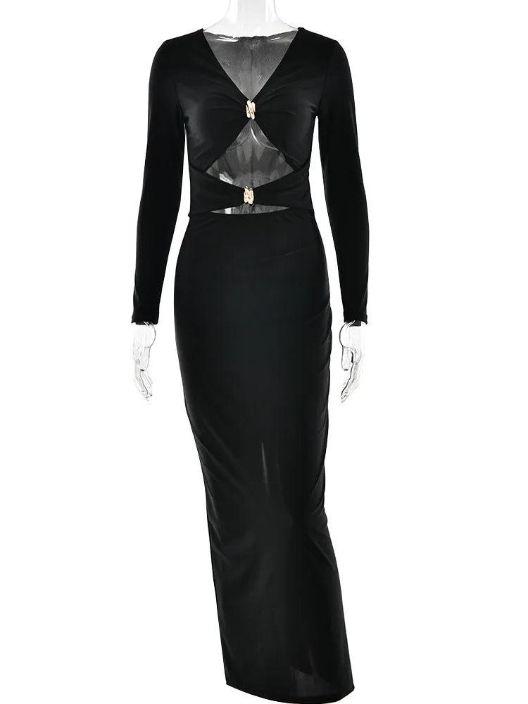 Sexy Hollowed Out Long Sleeved Dress Dress For Women Elegant Bodycon Party Club Evening Dress Winter 2025 Female Vestido