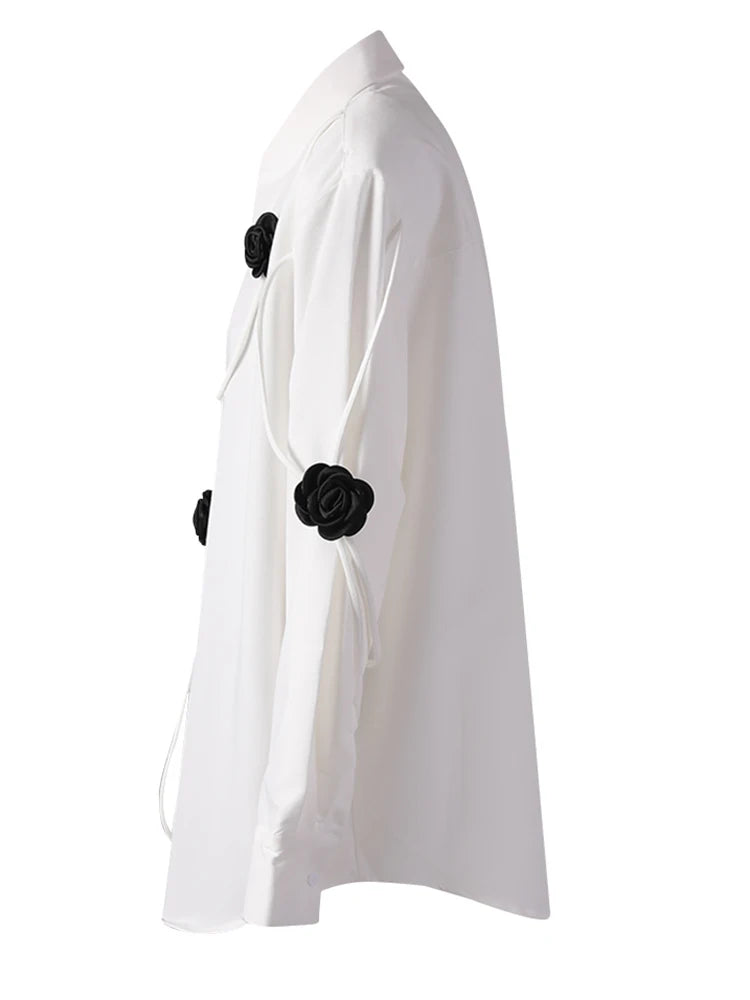 Women White 3d Flower String Big Size Elegant Blouse New Lapel Long Sleeve Shirt Fashion Tide Spring Autumn 2025 CPG3098