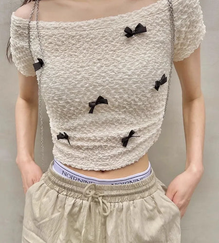 Shirts for Women Slash Neck Off Shoulder Tshirts Short Sleeve Off Shoulder Bow Tunic Tees Crop Tops Fashion Summer Sweet T Shirt