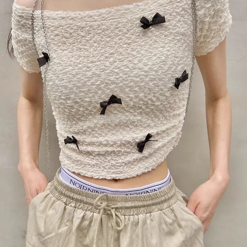 Load image into Gallery viewer, Shirts for Women Slash Neck Off Shoulder Tshirts Short Sleeve Off Shoulder Bow Tunic Tees Crop Tops Fashion Summer Sweet T Shirt
