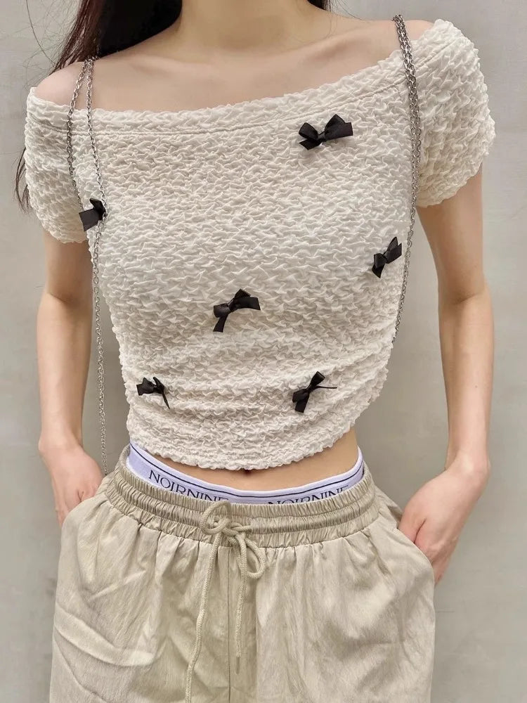 Shirts for Women Slash Neck Off Shoulder Tshirts Short Sleeve Off Shoulder Bow Tunic Tees Crop Tops Fashion Summer Sweet T Shirt
