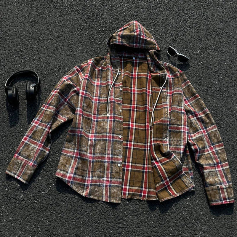Male New Kroean Spring Men's Hooded Plaid Shirt Single Breasted Design Casual Handsome Long Sleeves Style 2025 9W1396