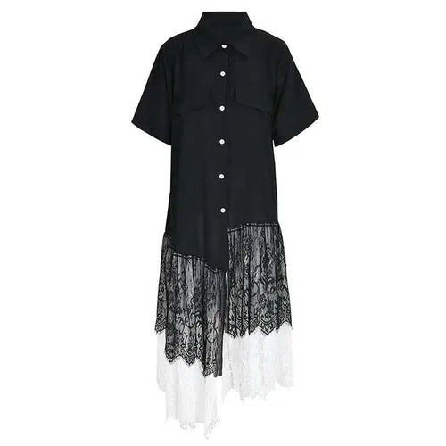 Load image into Gallery viewer, Women Black Lace Pleated Big Size Shirt Dress New Lapel Half Sleeve Loose Fit Fashion Tide Spring Summer 2025  1DF8749
