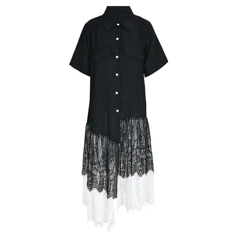 Women Black Lace Pleated Big Size Shirt Dress New Lapel Half Sleeve Loose Fit Fashion Tide Spring Summer 2025  1DF8749