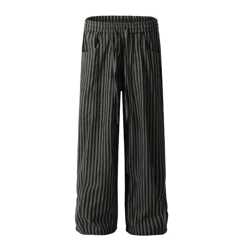 Autumn Casual Pants Striped Loose Drawstring Men's Pockets Elastic Waist Straight Wide Leg Male Trousers Fashion 9C8815