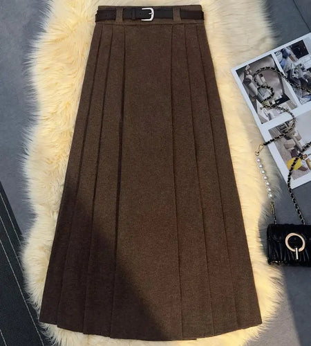 Korean Fashion Vintage Women Solid Elegant High Waist Party Long Skirts 2024 Autumn Winter A-line Pleated Knit Skirt Streetwear