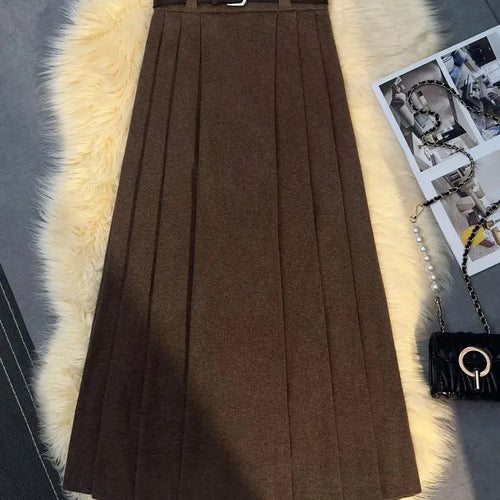 Load image into Gallery viewer, Korean Fashion Vintage Women Solid Elegant High Waist Party Long Skirts 2024 Autumn Winter A-line Pleated Knit Skirt Streetwear
