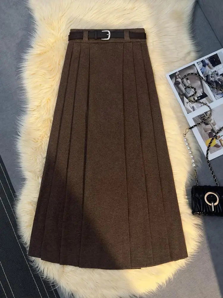 Korean Fashion Vintage Women Solid Elegant High Waist Party Long Skirts 2024 Autumn Winter A-line Pleated Knit Skirt Streetwear
