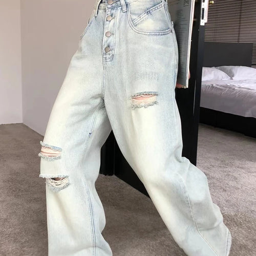 Load image into Gallery viewer, Minimalist Jeans For Women High Waist Patchwork Button Hole Hollow Out Wide Leg Pants Female Fashion Clothing
