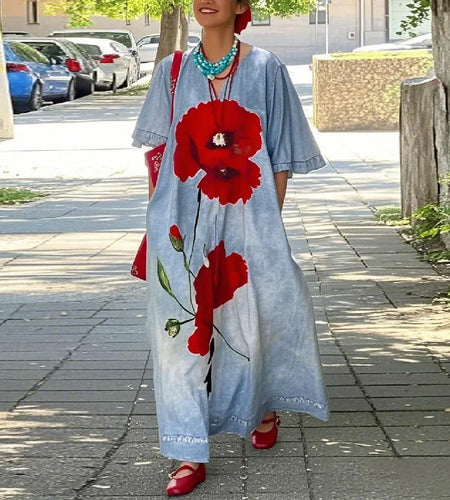 Loose Flower Print Maxi Dress for Woman Not Denim Vintage Half Sleeves V-neck Women's Summer Casual Vacation Long Dress