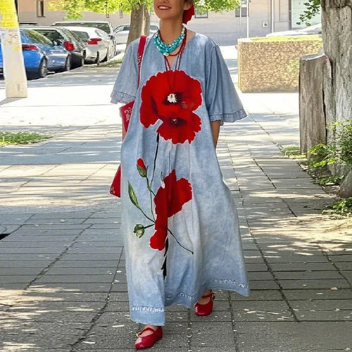 Load image into Gallery viewer, Loose Flower Print Maxi Dress for Woman Not Denim Vintage Half Sleeves V-neck Women&#39;s Summer Casual Vacation Long Dress
