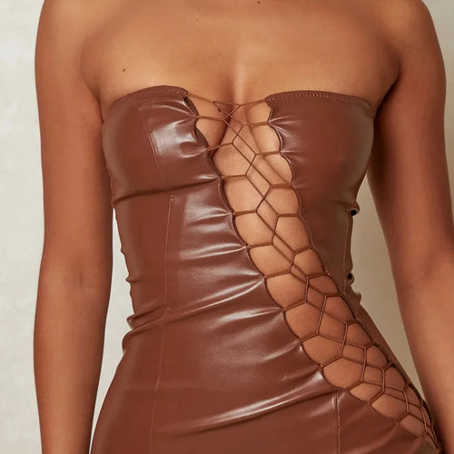 Load image into Gallery viewer, Hollow Out PU Leather Sexy Mini Dresses For Women Strapless Sleeveless Backless Bodycon Party Short Dress Vestido
