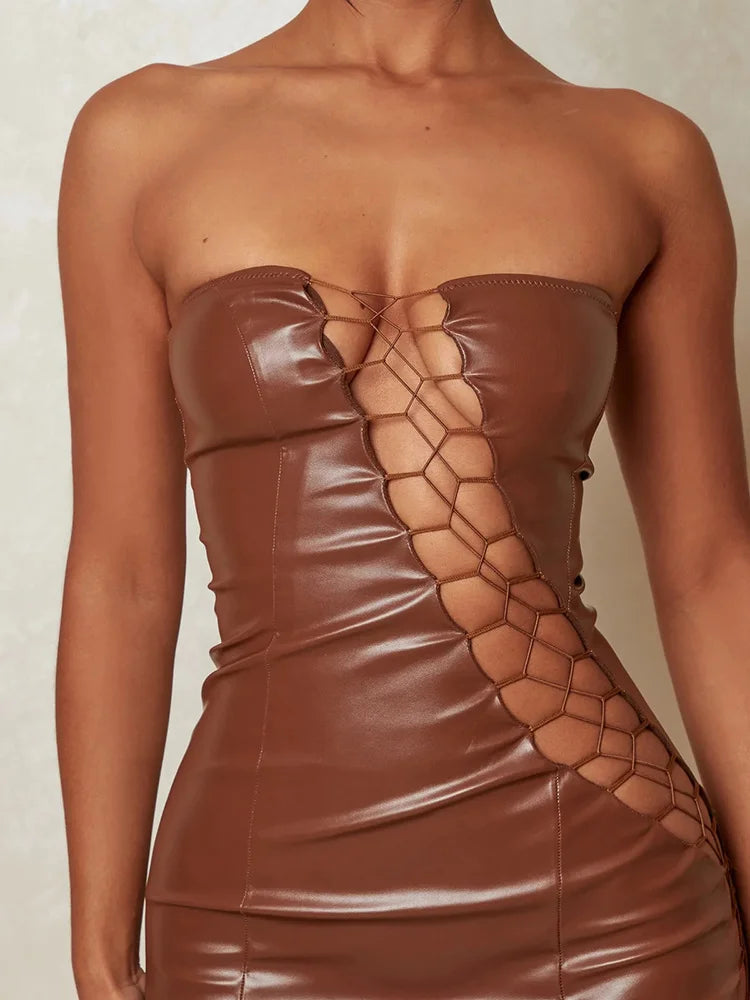 Hollow Out PU Leather Sexy Mini Dresses For Women Strapless Sleeveless Backless Bodycon Party Short Dress Vestido