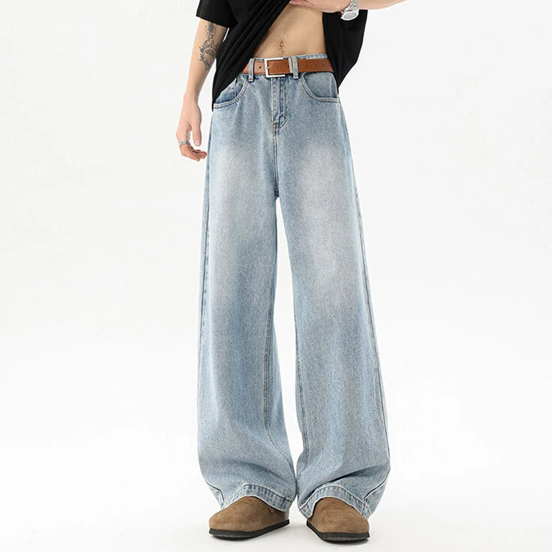 Men's Jeans New Korean Washed Tide Straight Leg Design Handsome Male Trousers Solid Color Stylish Simple Trousers 9W1644