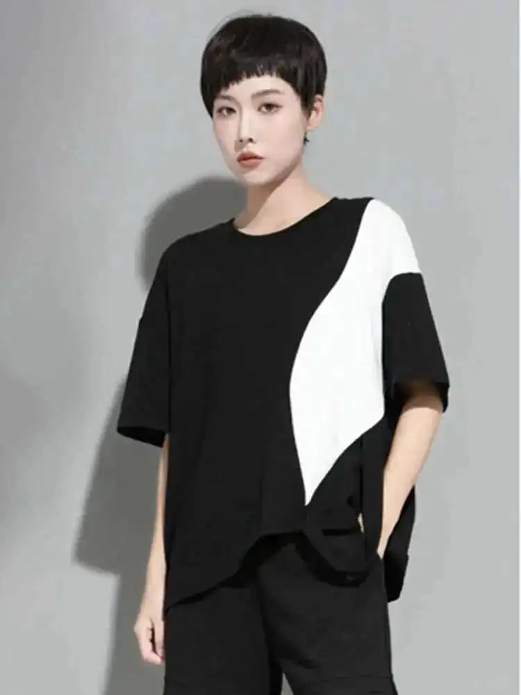 Women White Color-block Irregular Big Size T-shirt New Round Neck Half Sleeve Fashion Tide Spring Summer 2025 1DE8661
