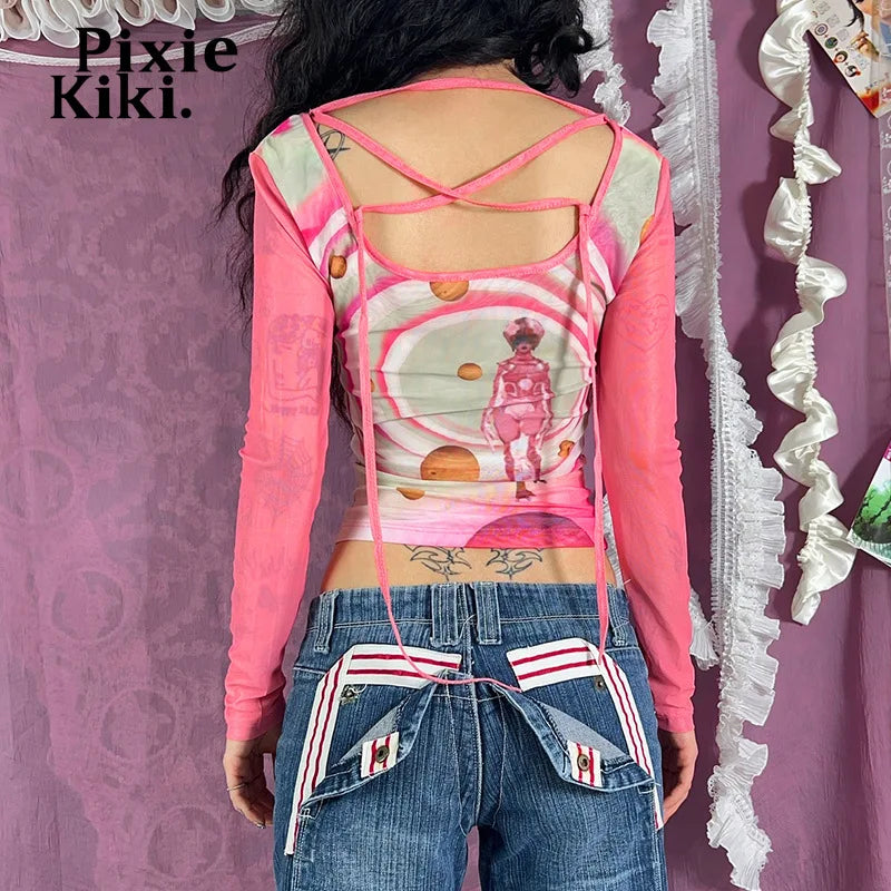 Graffiti Print Mesh Sheer Graphic T Shirts Cross Lace Up Backless Y2k Tops Square Neck Long Sleeve Tees P85-BZ10