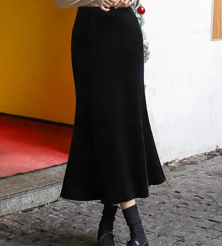 Autumn Winter French Vintage Black Velvet Fishtail Long Skirts Women's 2024 Elegant High Waist Festival Skirt Streetwear Popular