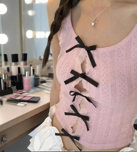 y2k Tank Tops 2000s Women Fairycore Clothing Round Neck Sleeveless T Shirts with Bow Cute Coquette Clothes Streetwear