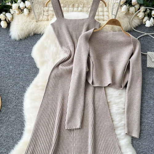 Load image into Gallery viewer, Autumn Winter Korean Women's Temperament Two Piece Set Beige Khaki Long Sleeved Shawl Cardigan Tops And Knitted Slip Dress Suit

