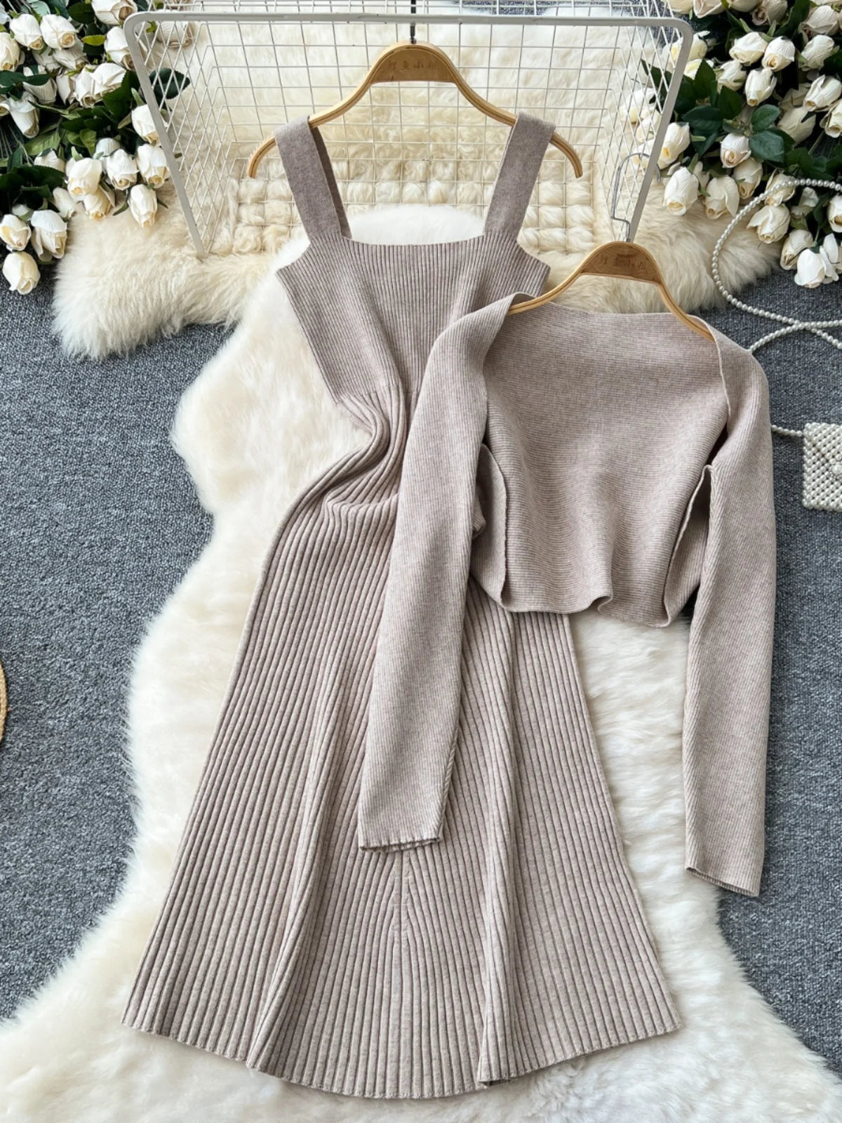 Autumn Winter Korean Women's Temperament Two Piece Set Beige Khaki Long Sleeved Shawl Cardigan Tops And Knitted Slip Dress Suit