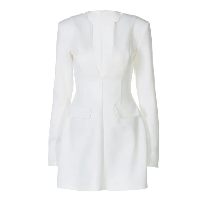 Deep V Neck Long Sleeve Sexy Mini Dress For Women Fashion Two Pocket High Waist A-line Club Party Sexy Dress Elegant