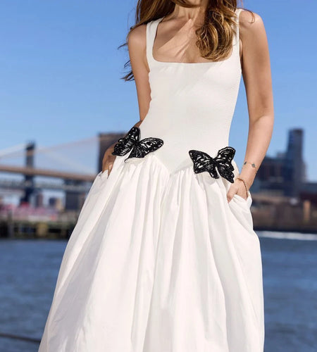 Slimming Spliced Beading Elegant Dresses for Women Square Neck Sleeveless Patchwork Folds Dress Female Clothing New