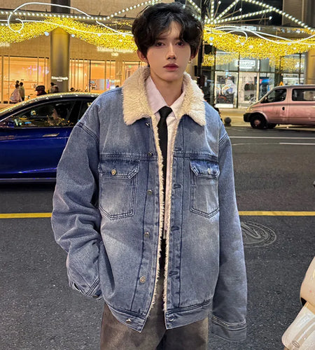 Cowboy Men's Cotton Jacket Lapel Lamb Wool 2024 Winter Single Breasted High Street Thickened Short Zipper Male Coats 9C8705