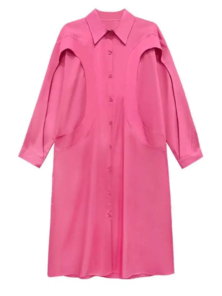 Women Green Rose Red Spliced Big Size Midi Shirt Dress New Lapel Long Sleeve Fashion Tide Spring Autumn 2025 1DH5167